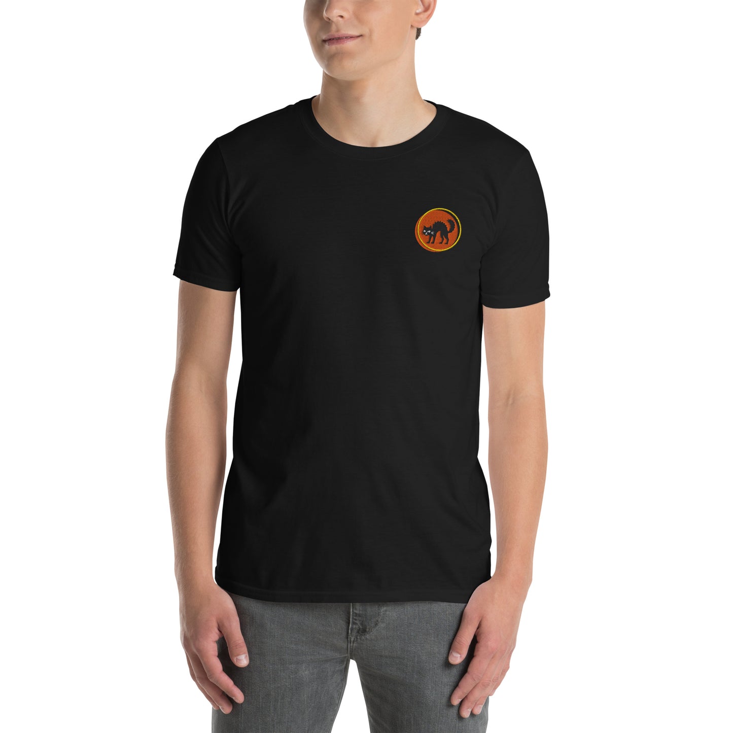 Black Embroidered Bad Katt T-Shirt – Orange Pulse Edition