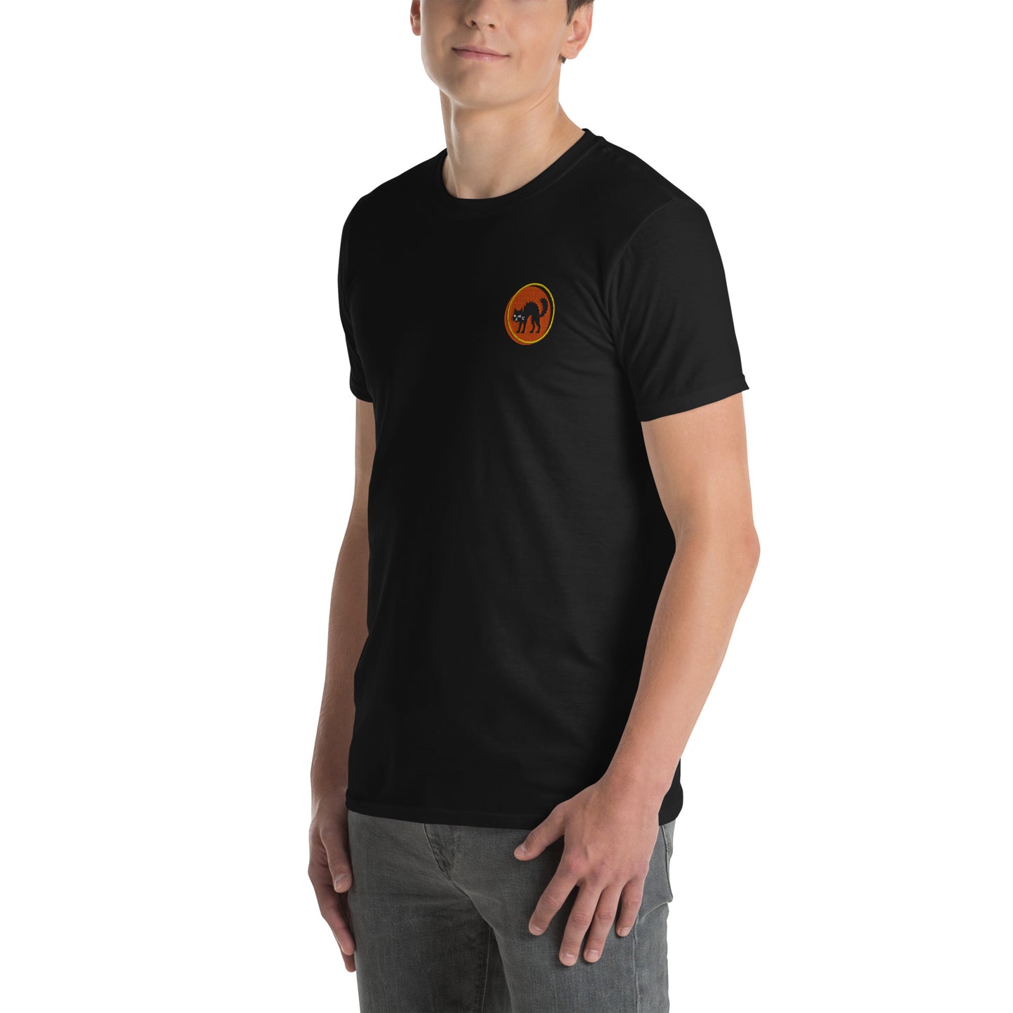 Black Embroidered Bad Katt T-Shirt – Orange Pulse Edition